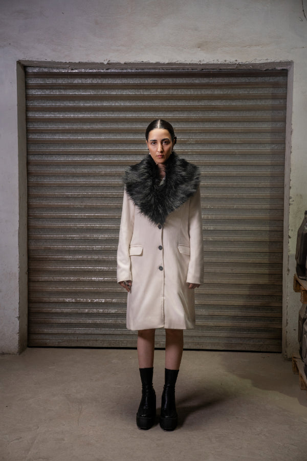 SHEEN WOOL COAT WITH FUR LAPEL