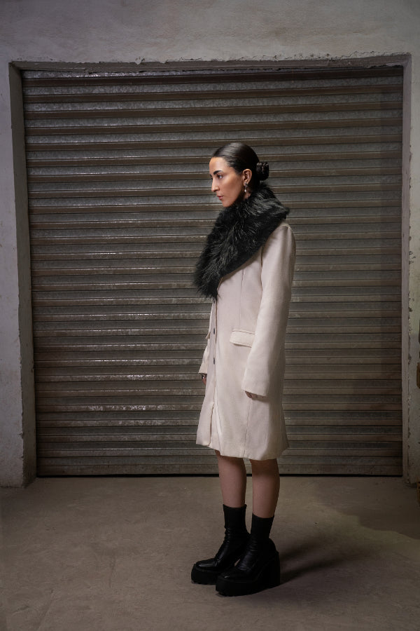 SHEEN WOOL COAT WITH FUR LAPEL
